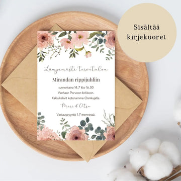 KUTSUKORTTI rippijuhliin - hempeä vaaleanpunainen kukkakehys Decopaja
