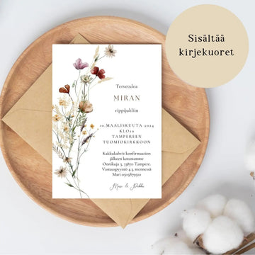 KUTSUKORTTI rippijuhliin - hempeitä niittykukkia vesiväreillä Decopaja