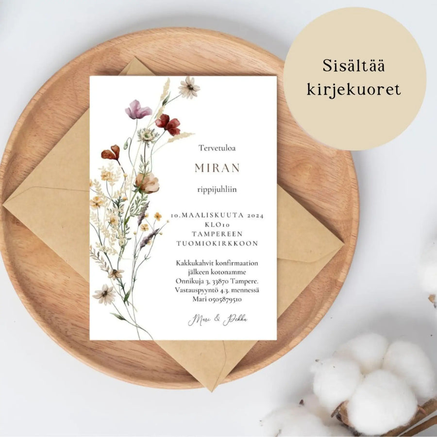KUTSUKORTTI rippijuhliin - hempeitä niittykukkia vesiväreillä Decopaja