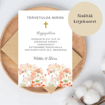 Kutsukortti rippijuhliin - kauniita pieniä vesivärikukkia Decopaja