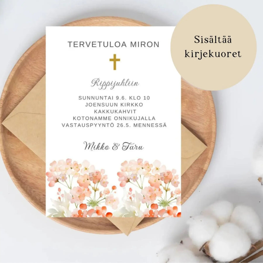 Kutsukortti rippijuhliin - kauniita pieniä vesivärikukkia Decopaja