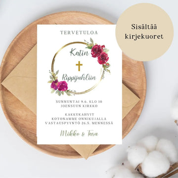 KUTSUKORTTI rippijuhliin - kultainen ruusukehys Decopaja