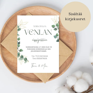KUTSUKORTTI rippijuhliin - kultaisia kukkia ja eukalyptus kehys Decopaja