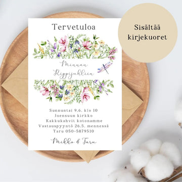 KUTSUKORTTI rippijuhliin - niittykukka kehys Decopaja