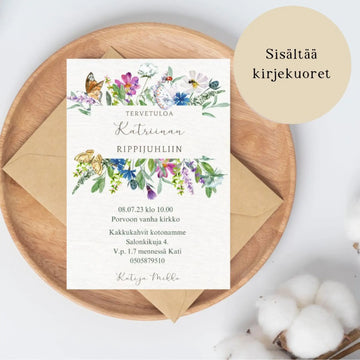 KUTSUKORTTI rippijuhliin - niittykukkakehys Decopaja - Decopaja.fi