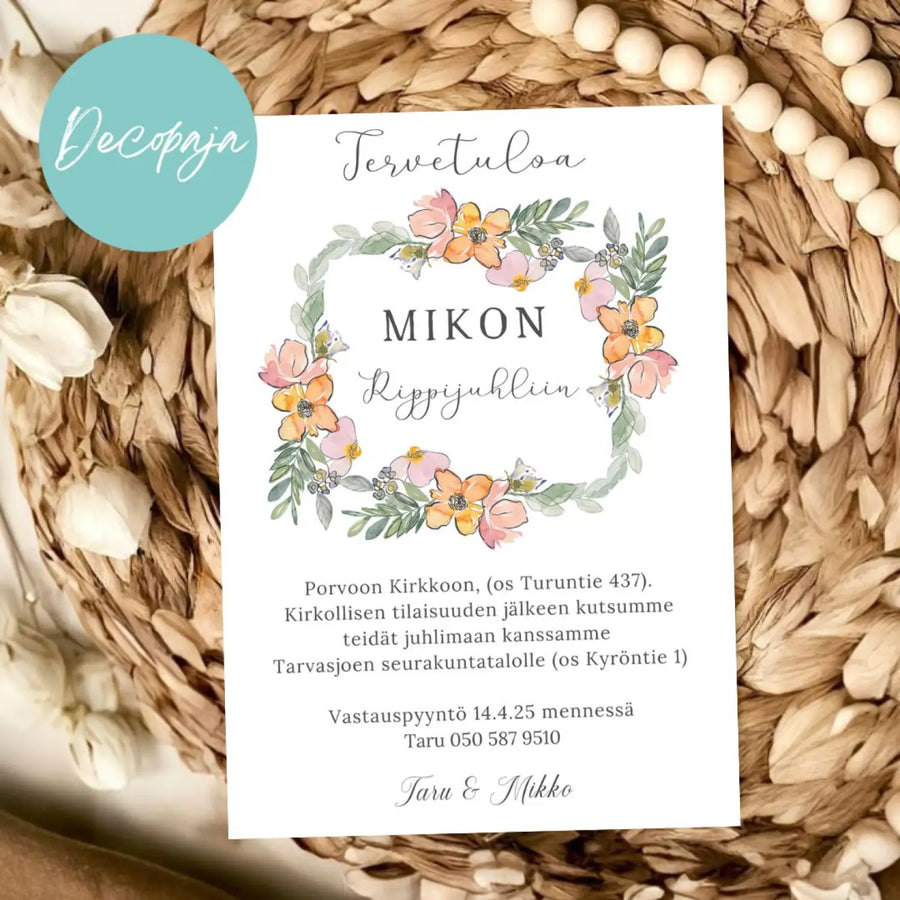 KUTSUKORTTI rippijuhliin - oransseja ja vaaleanpunaisia kukkia Decopaja