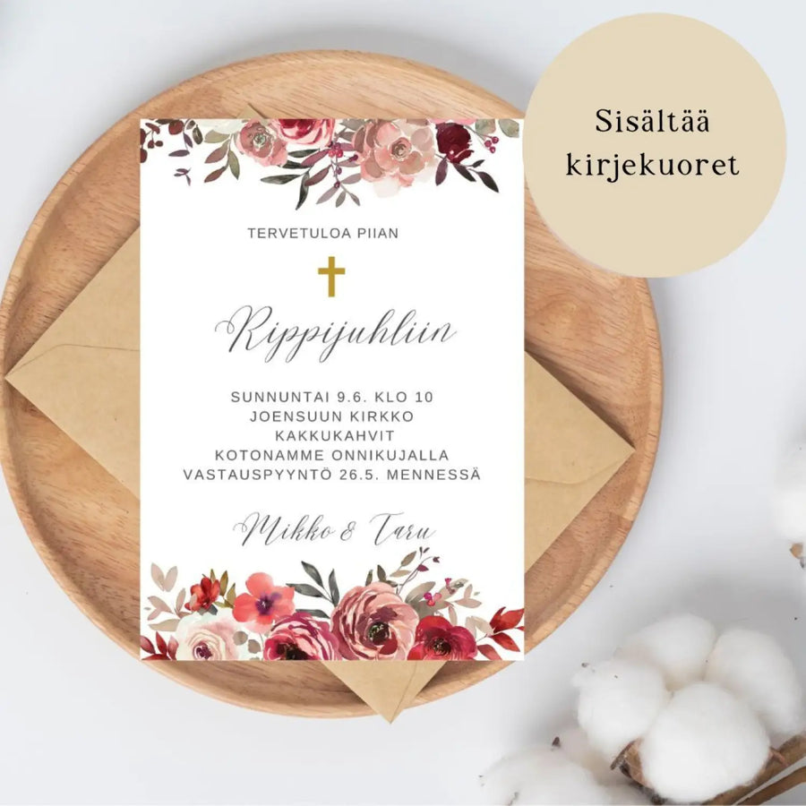 KUTSUKORTTI rippijuhliin - punainen ruusukehys Decopaja