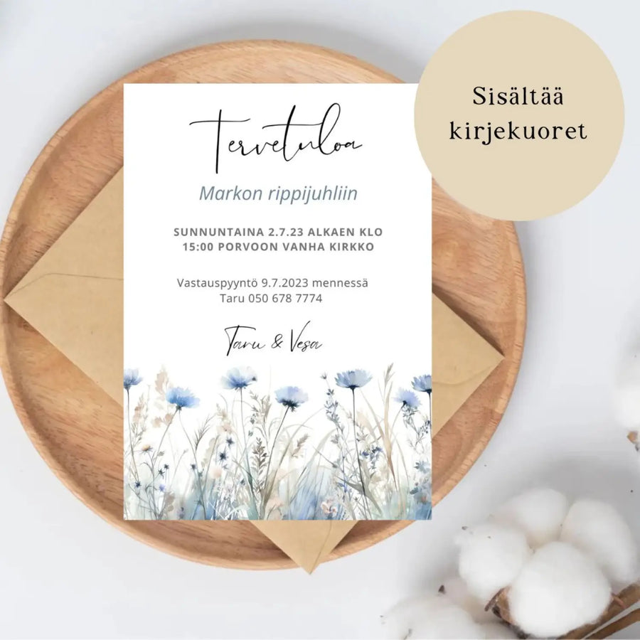 Kutsukortti rippijuhliin Rippikutsu sinisiä niittykukkia Decopaja rippikutsu