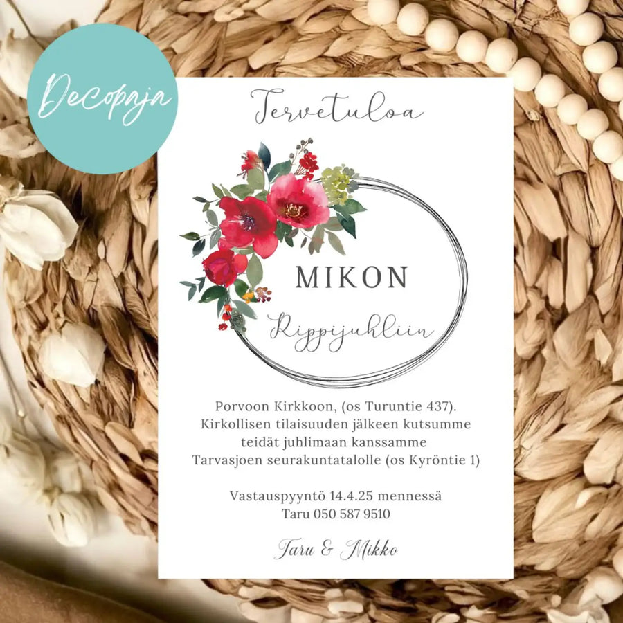 KUTSUKORTTI rippijuhliin - ruusuja ja musta kehys Decopaja