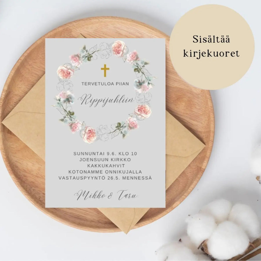 KUTSUKORTTI rippijuhliin - ruusukehys ja vaaleanharmaan tausta Decopaja