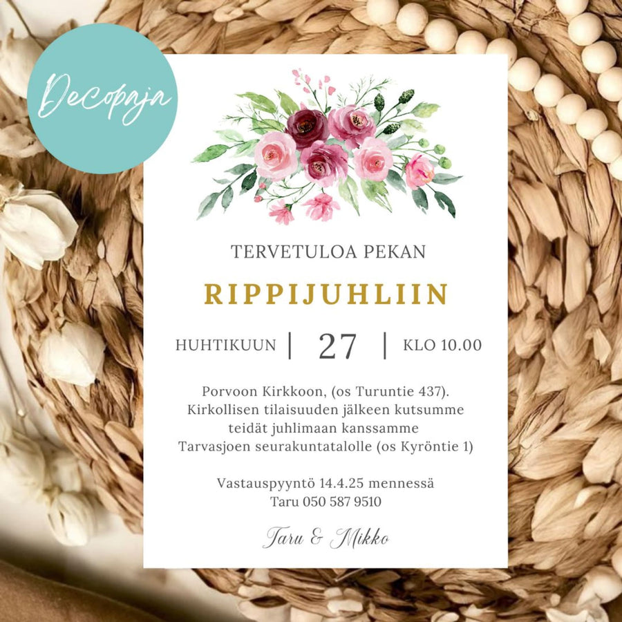 KUTSUKORTTI rippijuhliin - ruusukimppu Decopaja - Decopaja.fi