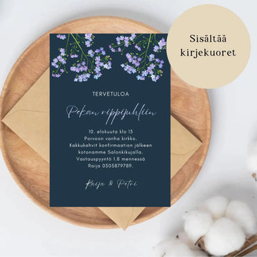 Kutsukortti rippijuhliin sininen tausta sinertäviä kukkia Decopaja