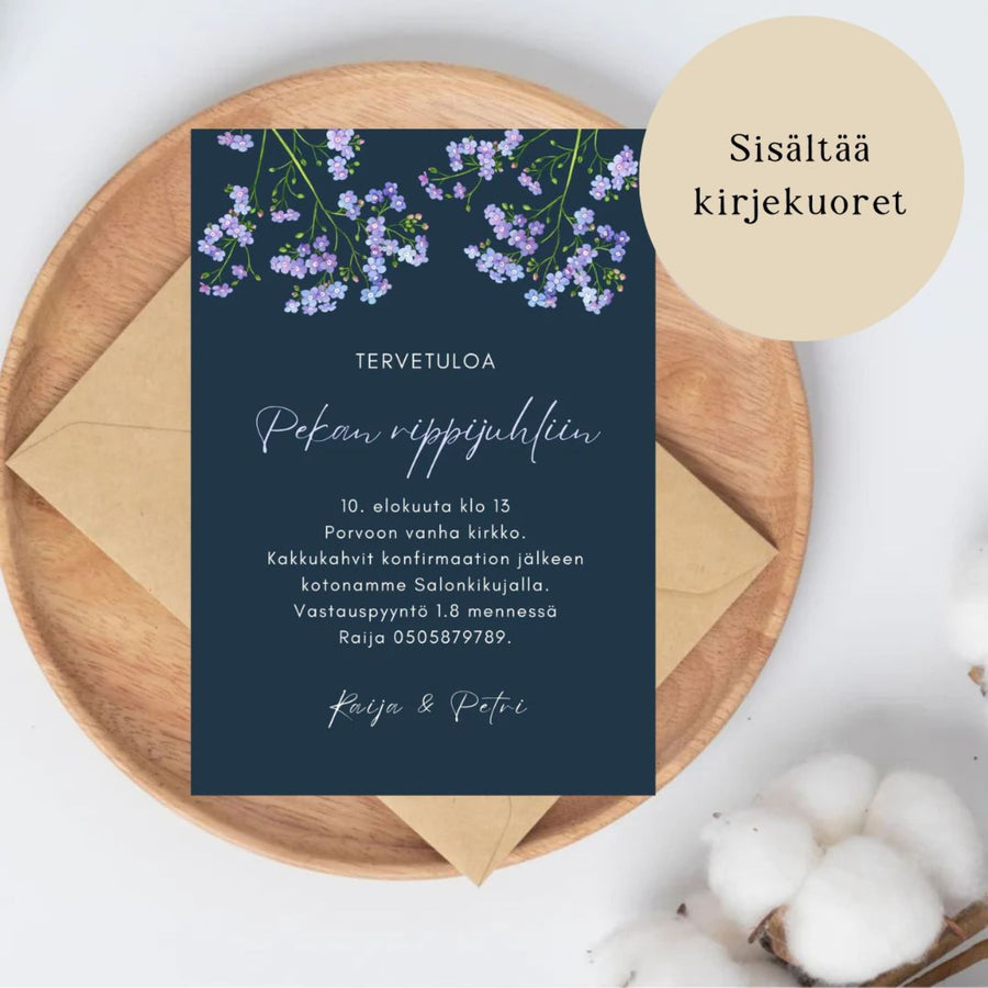 Kutsukortti rippijuhliin sininen tausta sinertäviä kukkia Decopaja