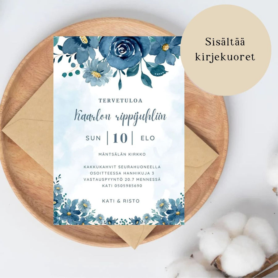 Kutsukortti rippijuhliin sininen vesiväri kukkkareuna Decopaja