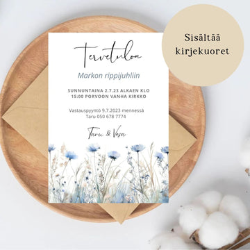 Kutsukortti rippijuhliin Rippikutsu sinisiä niittykukkia Decopaja
