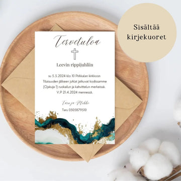 KUTSUKORTTI rippijuhliin - sinistä kultaa ja vihreää Decopaja