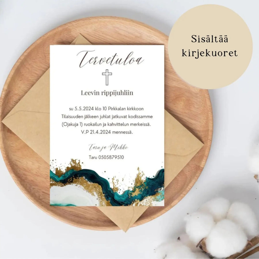 KUTSUKORTTI rippijuhliin - sinistä kultaa ja vihreää Decopaja