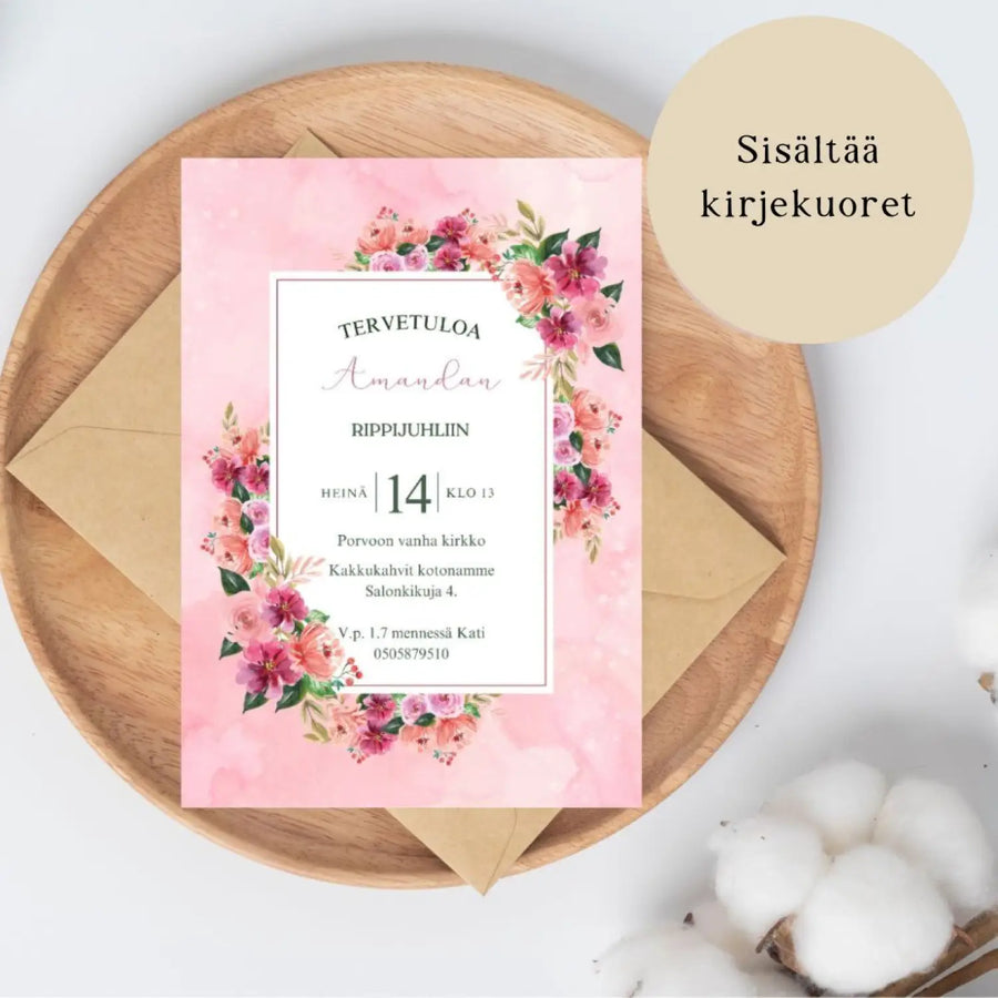 KUTSUKORTTI rippijuhliin - vaaleanpunainen tausta ja kukkakehys Decopaja