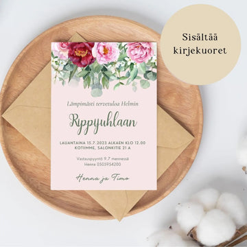 KUTSUKORTTI rippijuhliin - vaaleanpunainen tausta ja pioneja Decopaja