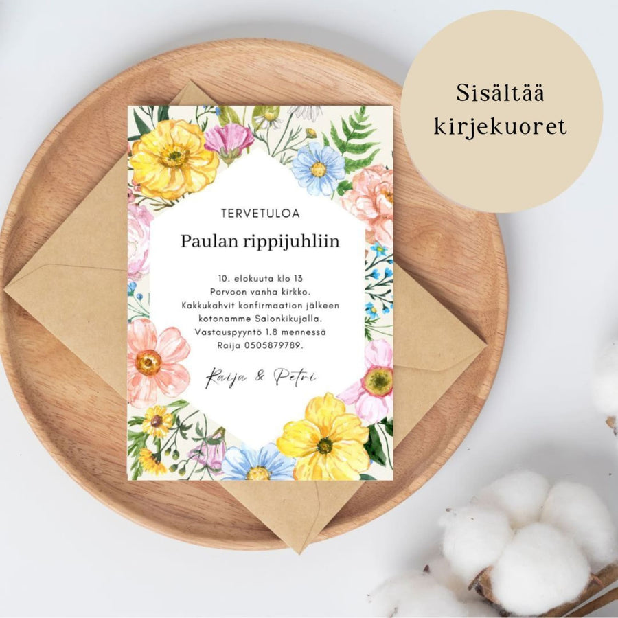 KUTSUKORTTI rippijuhliin - värikkäitä isoja kukkia kehyksessä Decopaja