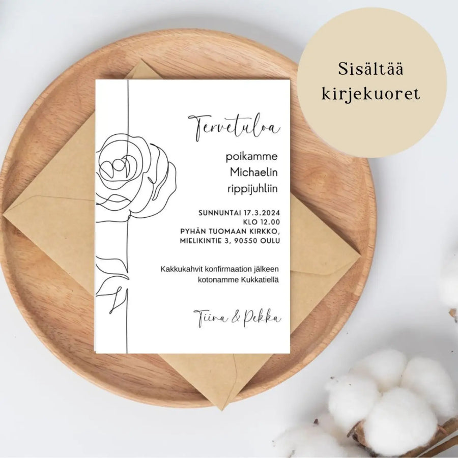 KUTSUKORTTI rippijuhliin - valkoinen tausta musta viiva ruusu Decopaja
