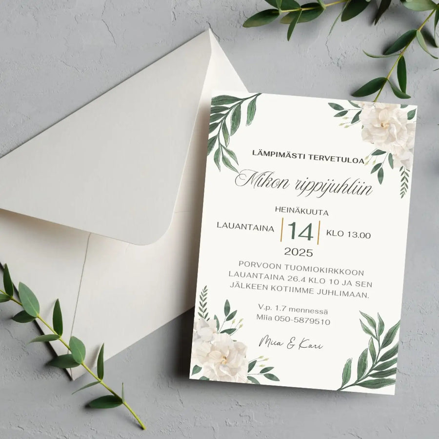 KUTSUKORTTI rippijuhliin - valkoisia isoja ruusuja Decopaja