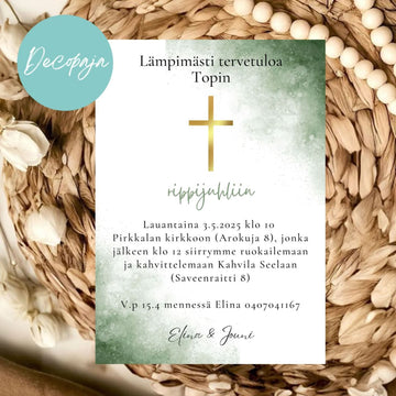 KUTSUKORTTI rippijuhliin - vihreää ja kultainen risti Decopaja
