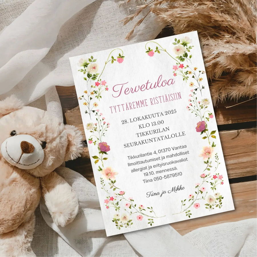 Kutsukortti ristiäisiin apiloita ja ruusuja Decopaja