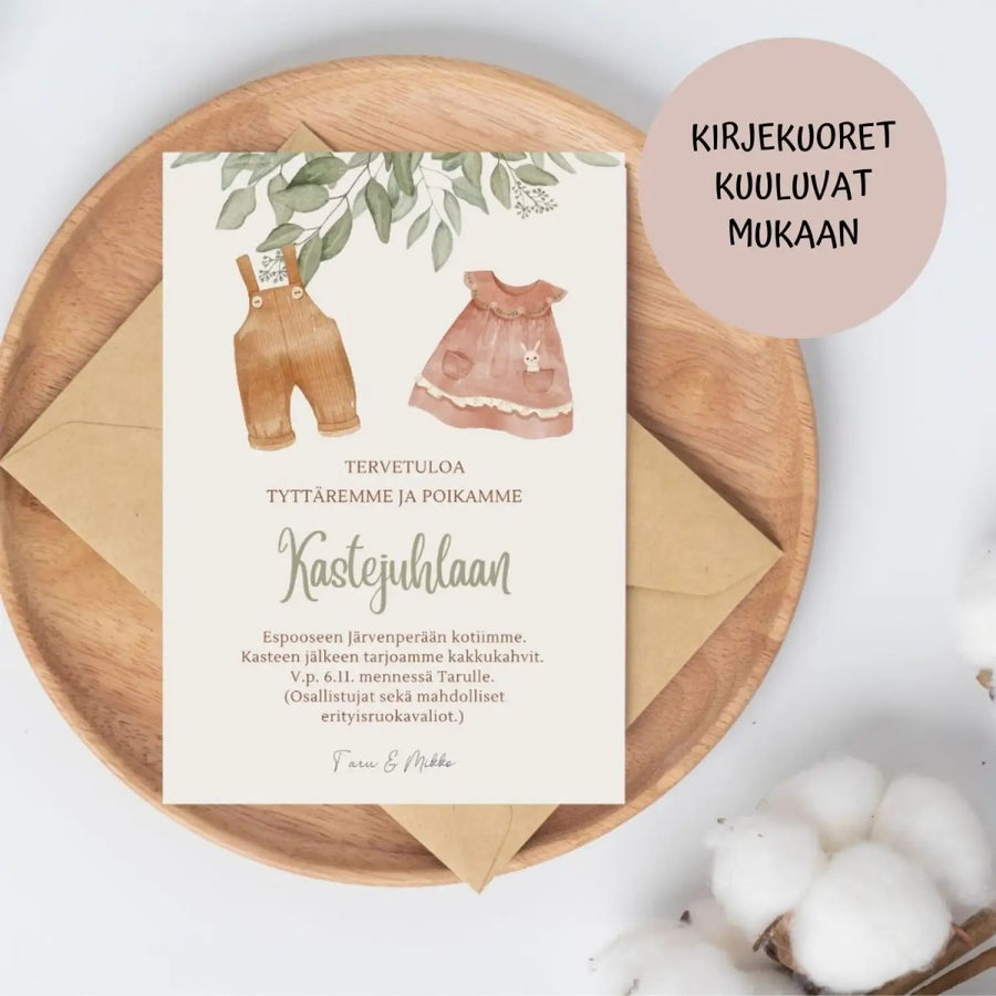 Kutsukortti ristiäisiin kaksoset Decopaja Ristiäisikutsut nimiäiskutsut - eukalyptus