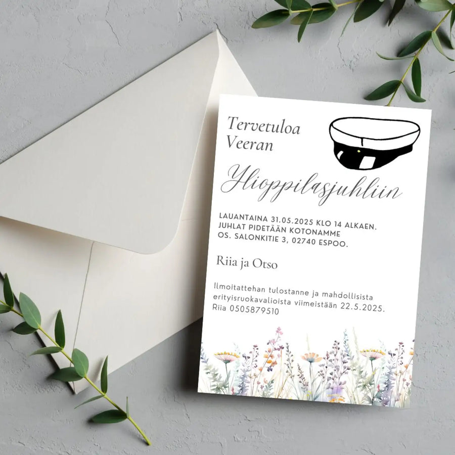 KUTSUKORTTI ylioppilasjuhliin - hempeä niittykukka pelto Decopaja Kutsukortti