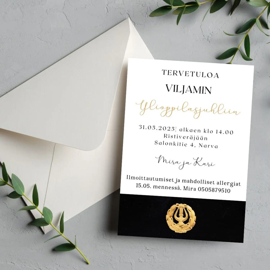 KUTSUKORTTI ylioppilasjuhliin - kultainen lyyra Decopaja