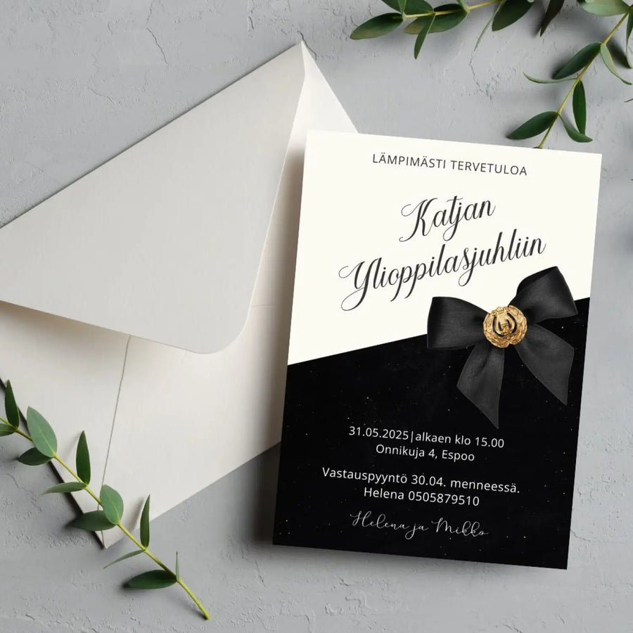 Kutsukortti ylioppilasjuhliin - lyyra ja musta rusetti Decopaja