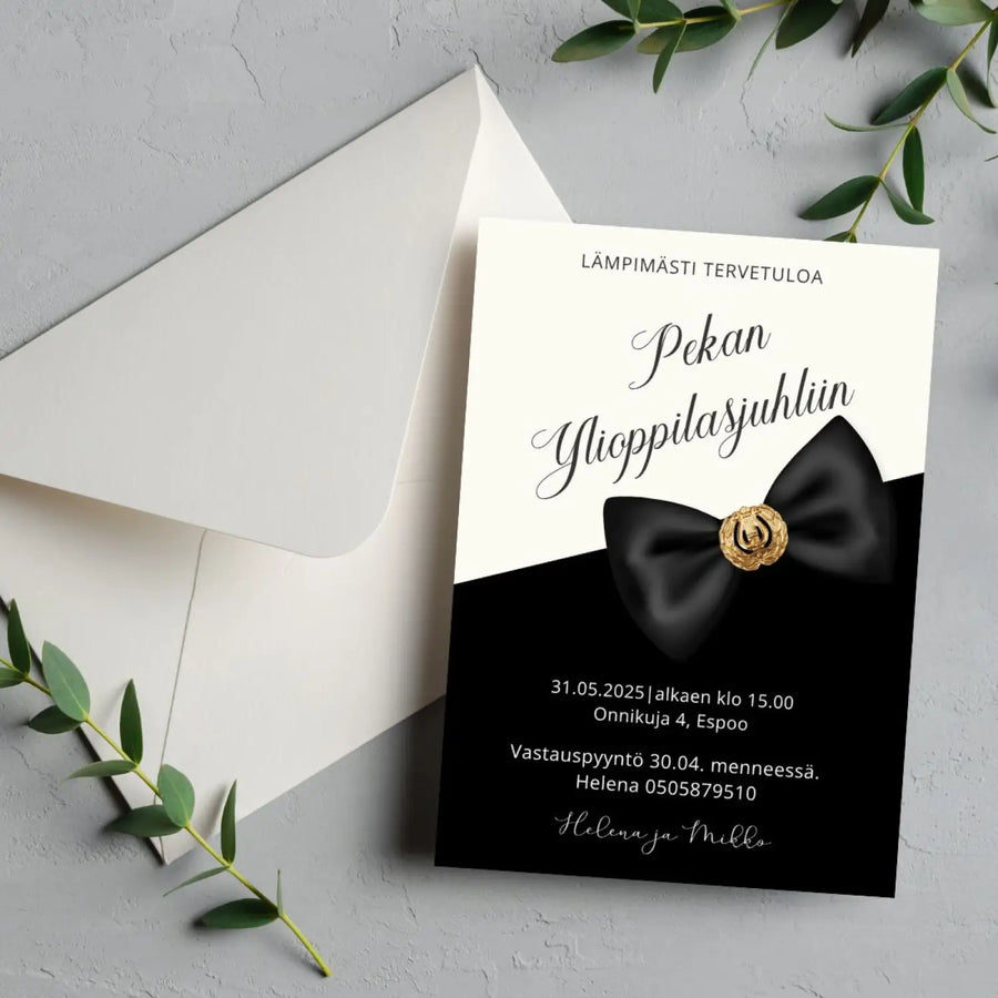KUTSUKORTTI ylioppilasjuhliin - lyyra ja solmuke Decopaja Kutsukortti