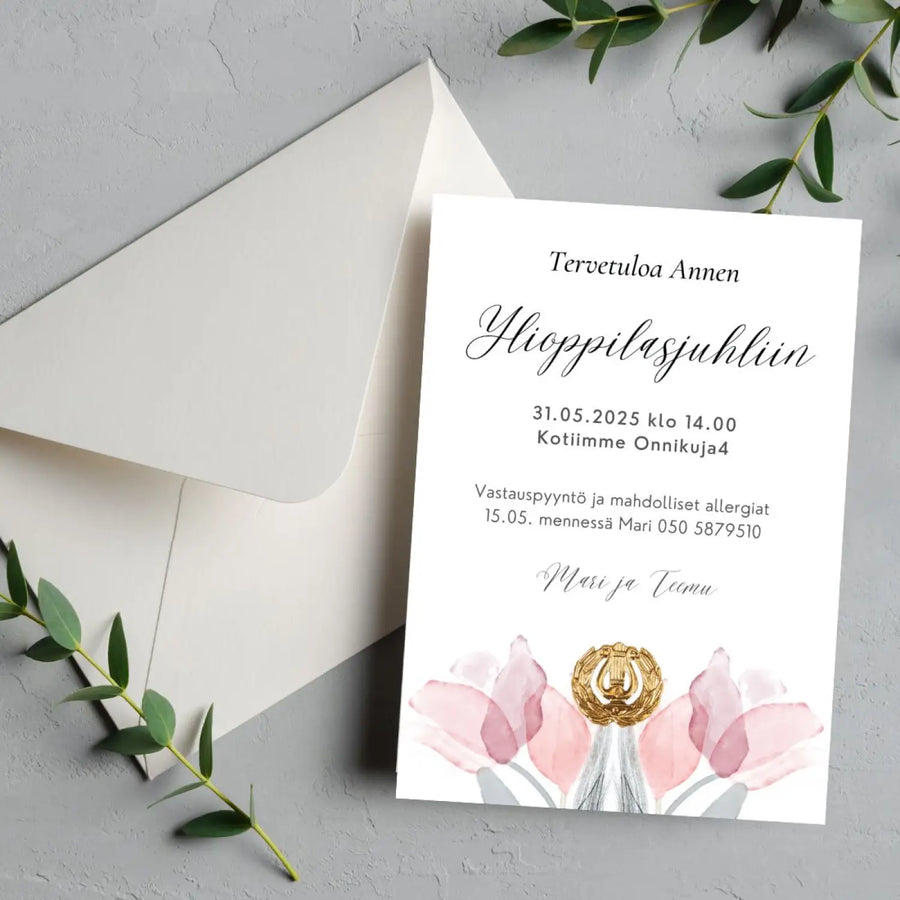 Kutsukortti ylioppilasjuhliin - tulppaaneja ja lyyra Decopaja