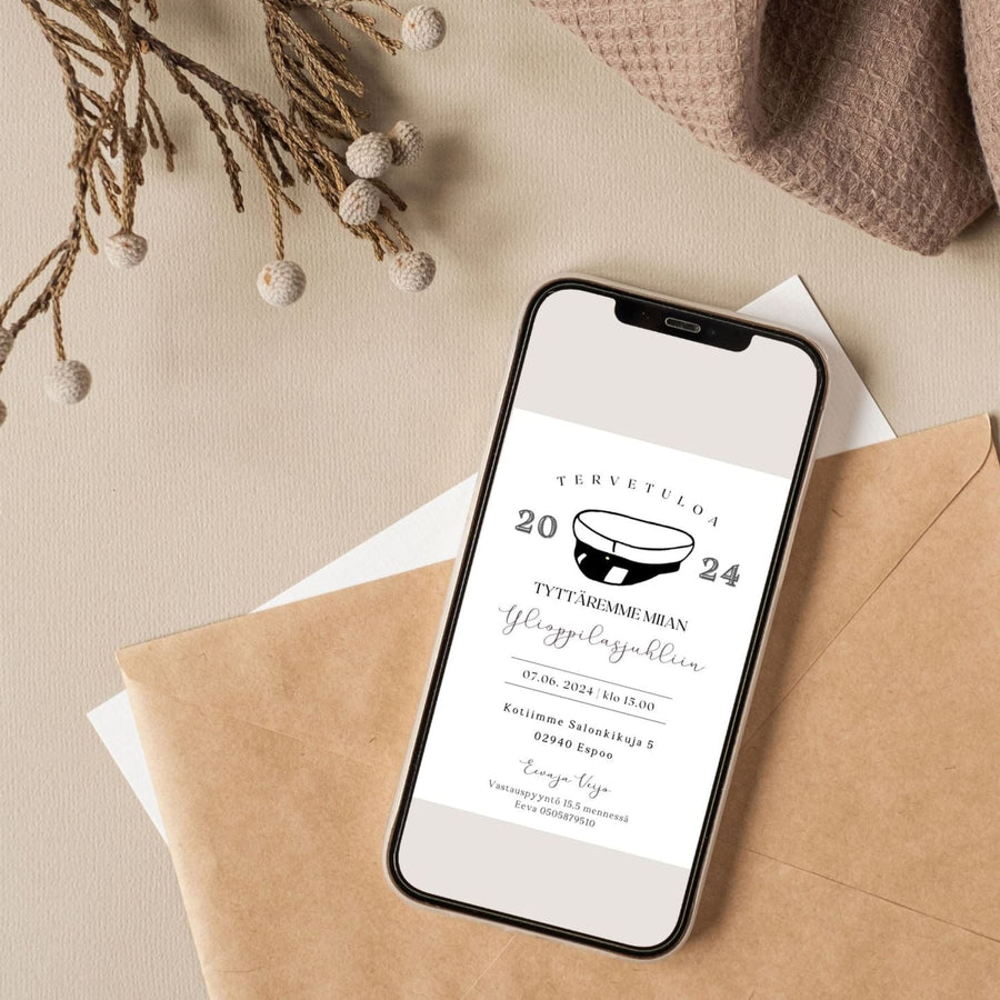 Digitaalinen kutsukortti ylioppilasjuhliin ylioppilaslakki Decopaja Decopaja.fi