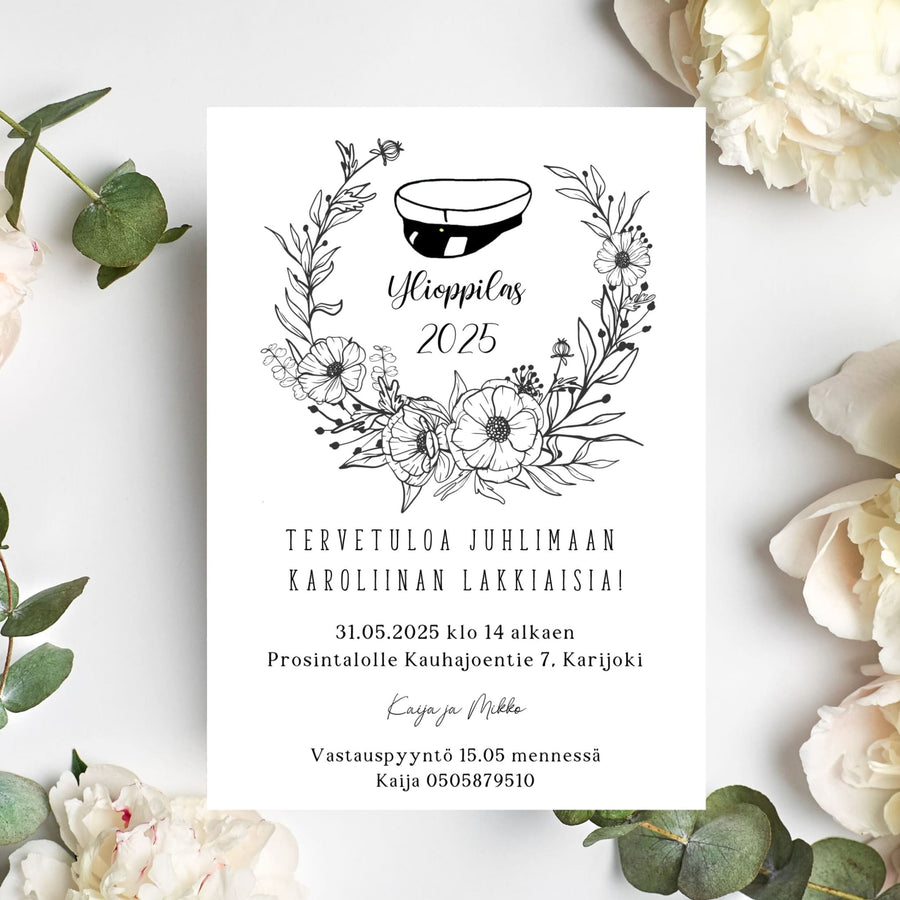 KUTSUKORTTI ylioppilasjuhliin - ylioppilaslakki ja iso kukkakehys Decopaja