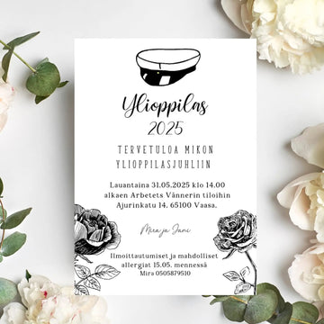 KUTSUKORTTI ylioppilasjuhliin - ylioppilaslakki ja isoja ruusuja Decopaja