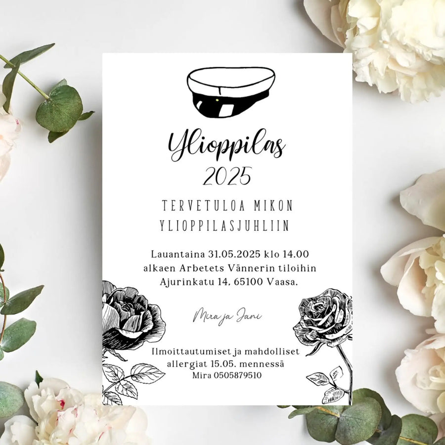 KUTSUKORTTI ylioppilasjuhliin - ylioppilaslakki ja isoja ruusuja Decopaja