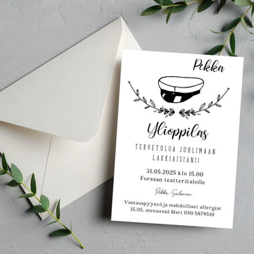 KUTSUKORTTI ylioppilasjuhliin - ylioppilaslakki ja kukkareuna Decopaja
