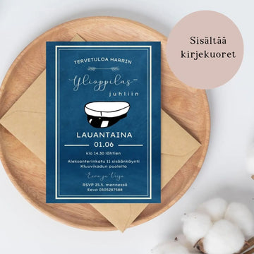 KUTSUKORTTI ylioppilasjuhliin - ylioppilaslakki ja sininen tausta Decopaja