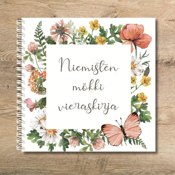 MEIDÄN MÖKIN VIERASKIRJA OMALLA TEKSTILLÄ niittykukkia Decopaja
