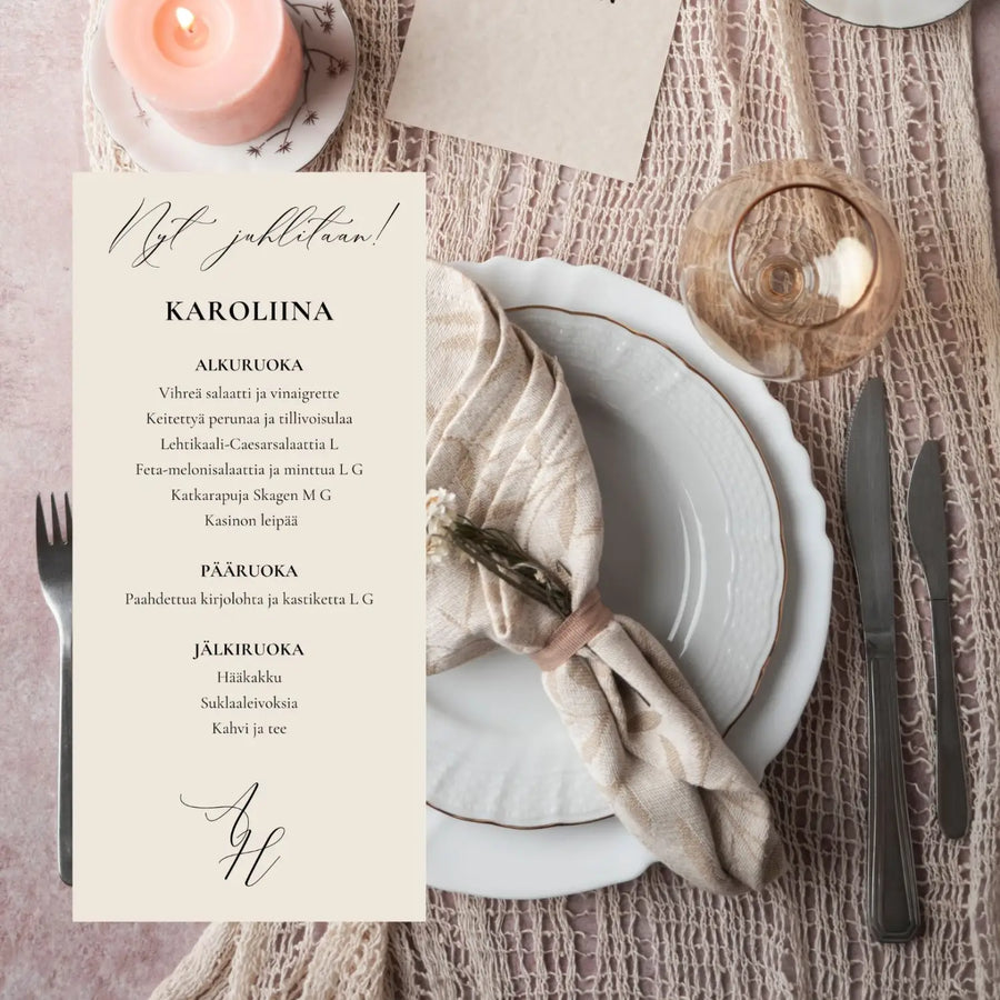 Menukortit & ohjelmakortit häihin Decopaja