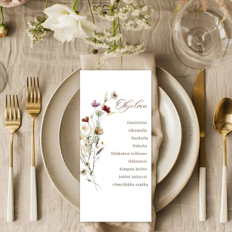 Menukortit & ohjelmakortit häihin pieniä niittykukkia Decopaja