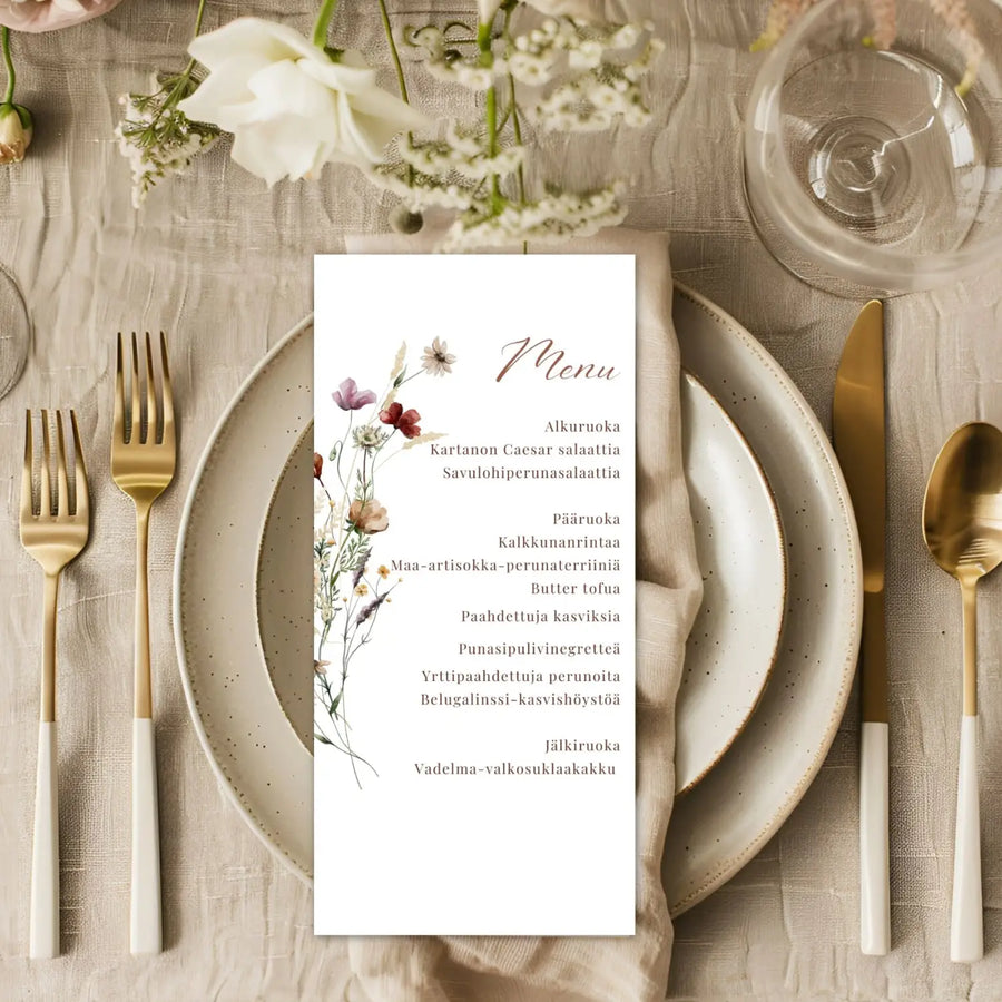 Menukortit & ohjelmakortit häihin pieniä niittykukkia Decopaja