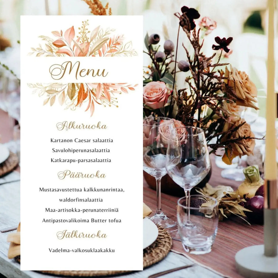 Menukortti hääohjelm punainen ja kultaa Decopaja hääohjelma