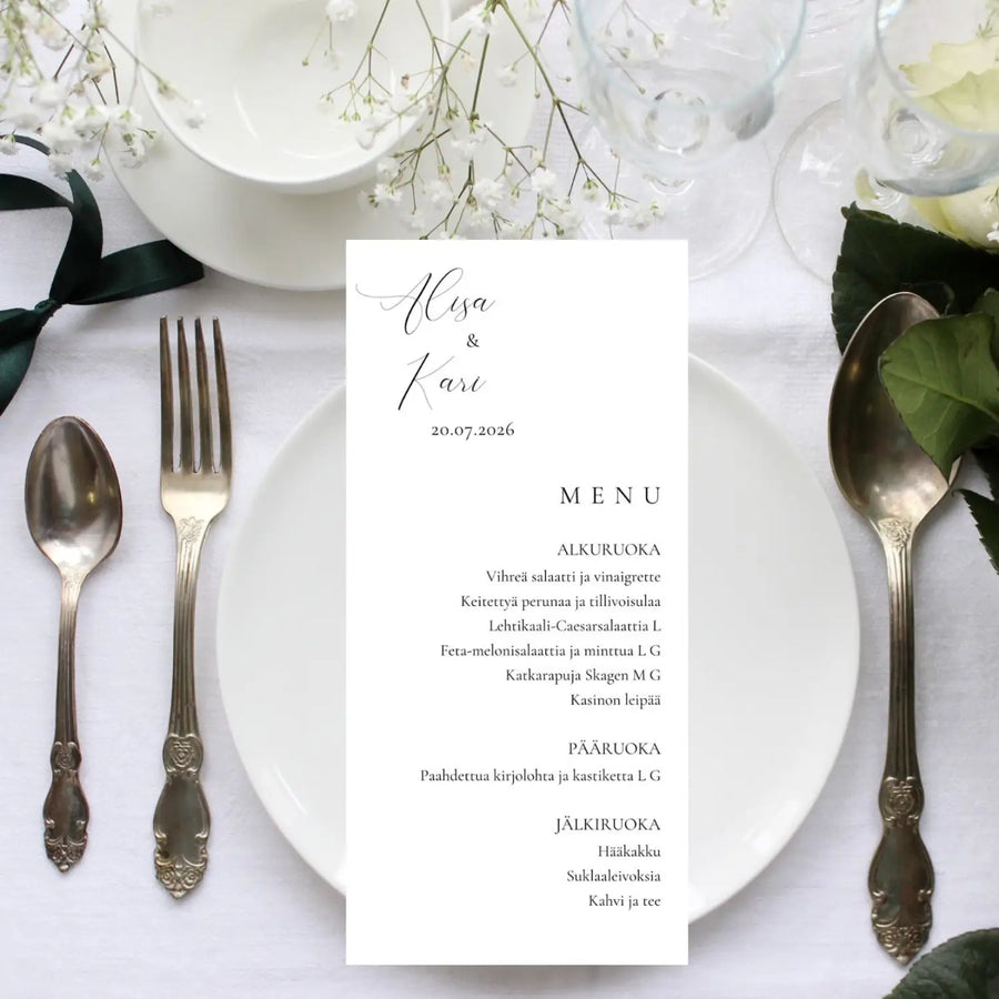 Menukortti hääohjelma hääparin nimillä Decopaja