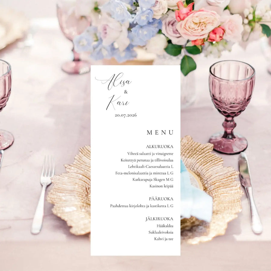 Menukortti hääohjelma hääparin nimillä Decopaja