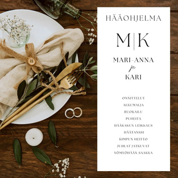 menukortti hääohjelma nimikirjaimilla elegantti valkoinen tausta Decopaja