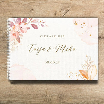 PERSONOITU VIERASKIRJA A5/A4 vaaleanpunaista ja punertavia lehtiä Decopaja