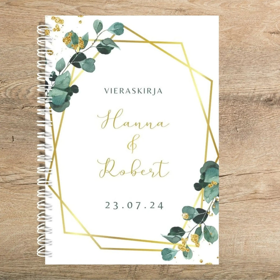 PERSONOITU VIERASKIRJA HÄIHIN A4 TAI A5 PYSTY EUKALYPTUS LEHTIÄ Decopaja
